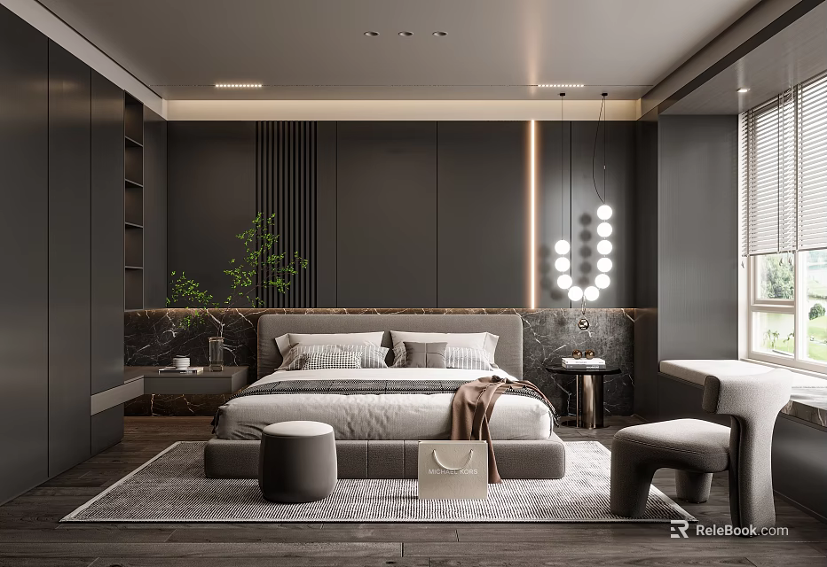 Modern Dark Bedroom Interior Design With Comfortable Bed Ottoman Rug And Pendant Lights 3d model 