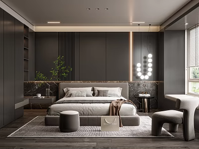 Modern Dark Bedroom Interior Design With Comfortable Bed Ottoman Rug And Pendant Lights 3d model