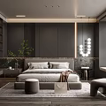 Modern Dark Bedroom Interior Design With Comfortable Bed Ottoman Rug And Pendant Lights
