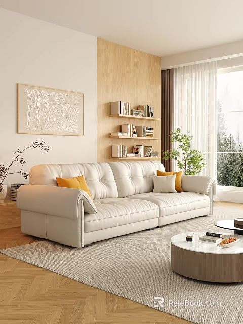 White Leather Double Sofa with Yellow Cushions and Bookshelf Plant Window Wall Art 3d model 