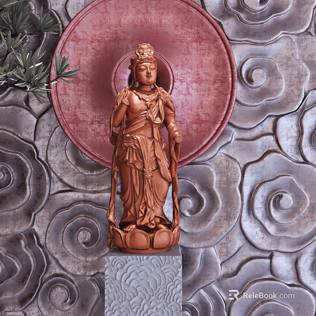 Exquisite Wooden Guanyin Sculpture With Red Circular Background And Cloud Patterns 3d model 
