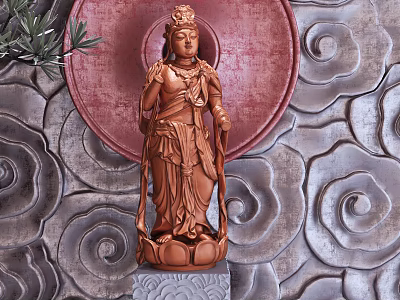 Exquisite Wooden Guanyin Sculpture With Red Circular Background And Cloud Patterns 3d model