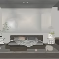 Modern Minimalist Bedroom Interior With Upholstered Bed Moon Starry Sky Backdrop Plants Stool Soft Lighting