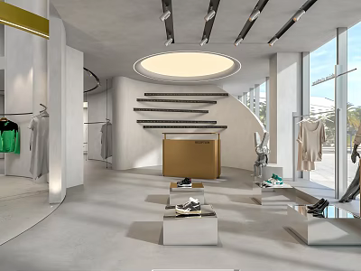 Modern Clothing Store Interior With Circular Lighting Display Tables And Hanging Garments 3d model
