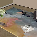 Square Rug with Colorful Abstract Patterns on Wooden Floor Vase White Bouquet Folded Fabric