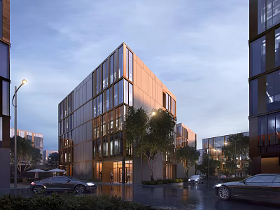 Modern Multi Story Office Building Featuring Glass Curtain Walls And Trees Along Street 3d model