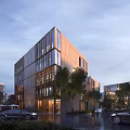 Modern Multi Story Office Building Featuring Glass Curtain Walls And Trees Along Street