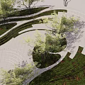 Serene Garden Landscape Design With Curved Walkways Trees Grass And Paved Stones