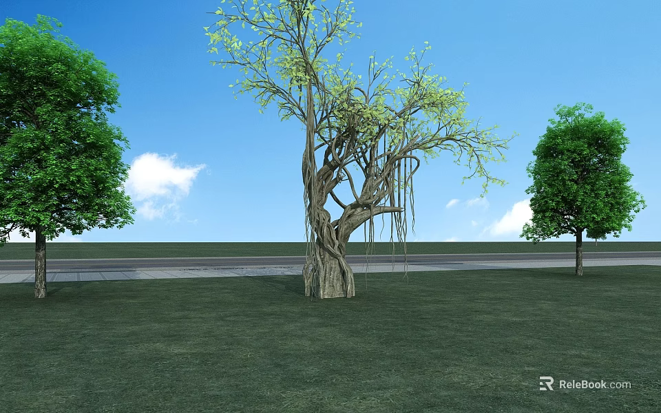 Tall Arbor With Vine Covered Trunk In Green Lawn Under Blue Sky And White Clouds 3d model 
