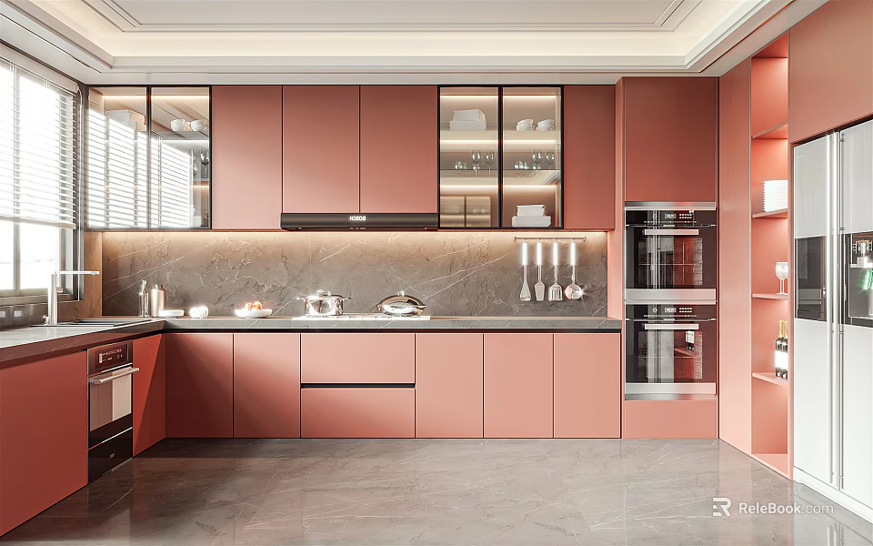 Modern Kitchen Interior With Pink Cabinets Marble Countertop Built In Appliances And Natural Light 3d model 