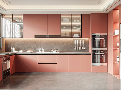 Modern Kitchen Interior With Pink Cabinets Marble Countertop Built In Appliances And Natural Light 3d model