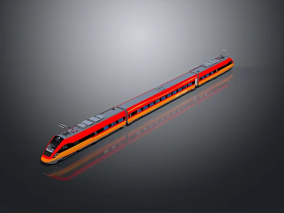 Modern High Speed Train With Red And Yellow Exterior On Gray Background With Reflection 3d model