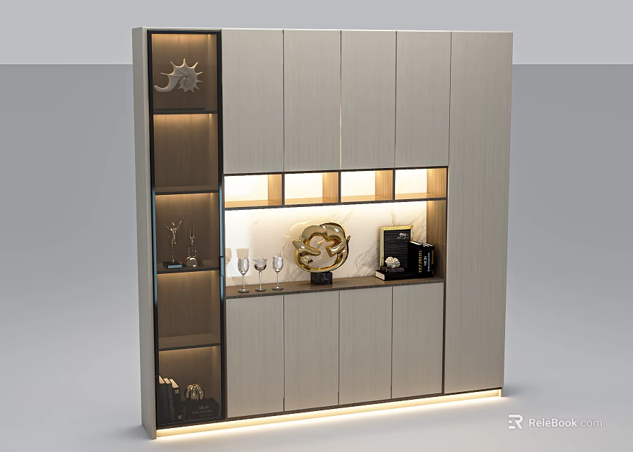 Modern Minimalist Sideboard With LED Lighting Open Shelves Wine Glasses And Decorative Items 3d model 