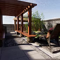 Sunlit Courtyard Garden Design With Wooden Lattice Fence Green Plants Table And Sunlight Shadows