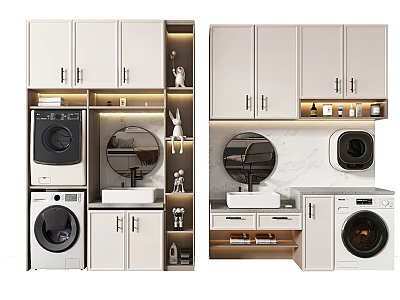 Modern White Bathroom Cabinetry With Round Mirror Washing Machine And Marble Countertop 3d model