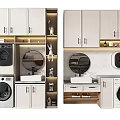Modern White Bathroom Cabinetry With Round Mirror Washing Machine And Marble Countertop