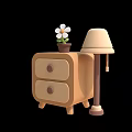 Wooden Bedside Table With Two Drawers And Decorative Table Lamp With Potted Flower