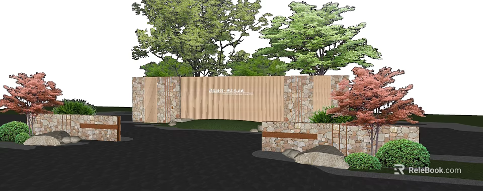 Natural Stone And Wooden Garden Wall Design With Green Red Trees And Landscaping 3d model 