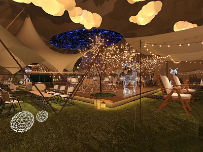 Garden Landscape With Illuminated Trees Starry Ceiling Tent And Outdoor Seating 3d model