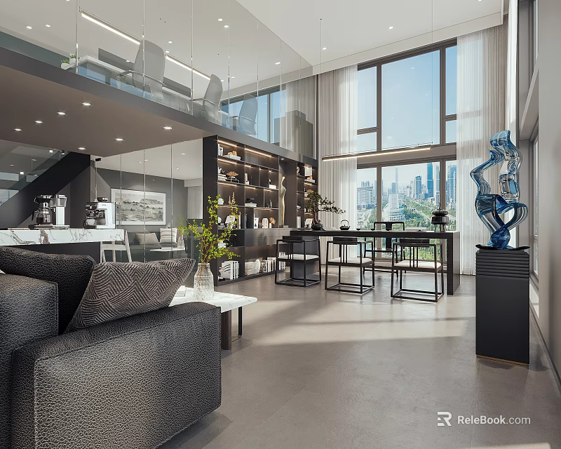 Modern Office Interior With Large Windows City View Sofa Bookshelves And Decorative Sculpture 3d model 