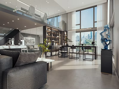 Modern Office Interior With Large Windows City View Sofa Bookshelves And Decorative Sculpture 3d model