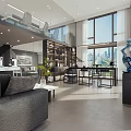Modern Office Interior With Large Windows City View Sofa Bookshelves And Decorative Sculpture