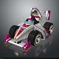 Cartoon Style White Pink Yellow Race Car With Large Wheels Rear Wing And Geometric Patterns