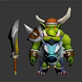 Horned Green Skinned Warrior With Orange Helmet And Large Sword Standing By Blue Creature Companion
