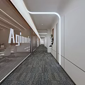 Modern Office Corridor Interior Design With Glass Partitions Recessed Lighting And Patterned Carpet