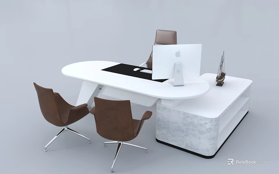 Modern White Office Desk With Apple Monitor Black Mouse Pad Brown Chairs And Marble Cabinet 3d model 