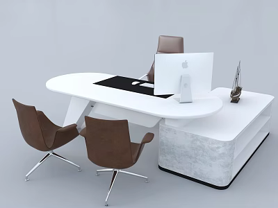Modern White Office Desk With Apple Monitor Black Mouse Pad Brown Chairs And Marble Cabinet 3d model