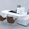 Modern White Office Desk With Apple Monitor Black Mouse Pad Brown Chairs And Marble Cabinet