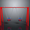 Red Swing Set With Two Blue Seats And Metal Frame On Gray Background