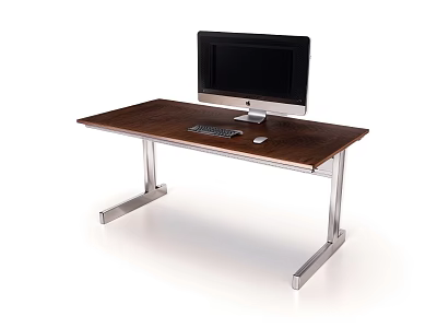 Modern Wooden Desk With Metal Legs And Computer Monitor Keyboard Mouse 3d model