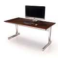 Modern Wooden Desk With Metal Legs And Computer Monitor Keyboard Mouse
