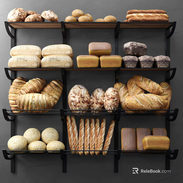 Assorted Fresh Bread Display on Wooden Shelves with Baguettes Round Loaves and Sliced Varieties 3d model 