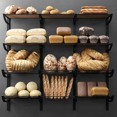 Assorted Fresh Bread Display on Wooden Shelves with Baguettes Round Loaves and Sliced Varieties 3d model