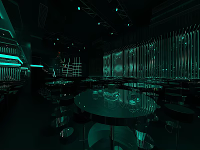 Modern Dark Bar Interior Featuring Neon Lights Round Tables Metallic Decor And Striped Accent Walls 3d model