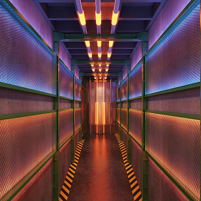 Futuristic KTV Corridor With Grid Patterned Walls Purple Blue Lighting And Orange Ceiling Lights 3d model