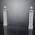Architectural Wrought Iron Gate With White Pillars Top Spheres And Decorative Patterns