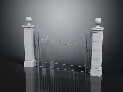 Architectural Wrought Iron Gate With White Pillars Top Spheres And Decorative Patterns 3d model