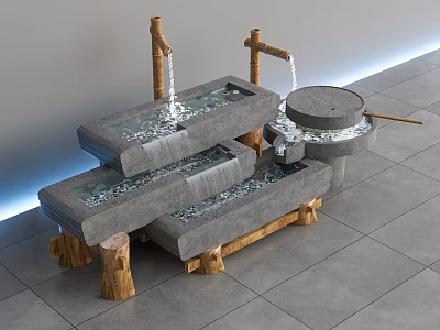 Traditional Garden Ornament With Stacked Stone Troughs Flowing Water Stone Millstone And Wooden Stump Supports 3d model
