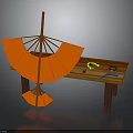 Wooden Table With Orange Umbrella Structure And Green Cup Glasses Scissors Ruler