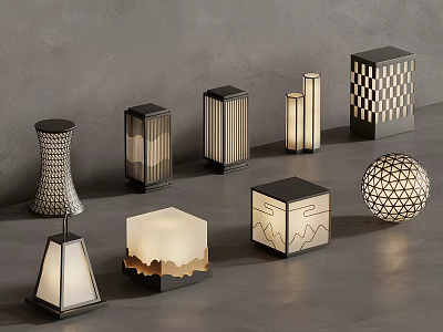 Elegant Modern Artistic Lighting Collection With Various Geometric Shapes Metal Frames And Textured Shades 3d model