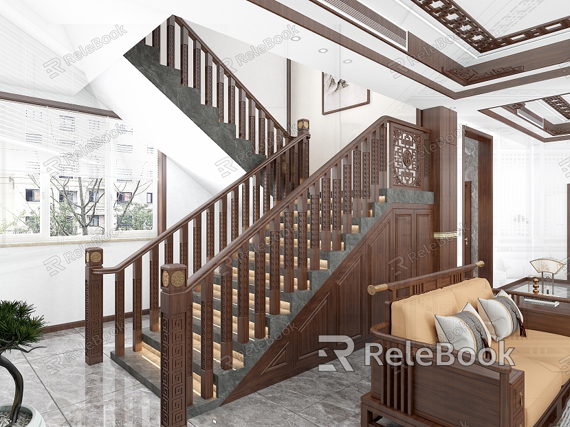 New Chinese Style Villa Staircase Staircase Handrail Staircase Column Staircase Step model