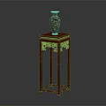 Carved Mahogany Flower Stand With Golden Patterned Vase On Top