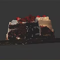 Chocolate Cake With Cherry Topping Sliced Piece Cream Layers On Black Plate Wooden Base