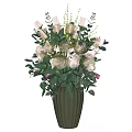 Elegant Ornament Decor Combination With Green Vase Pink White Roses And Green Leaves