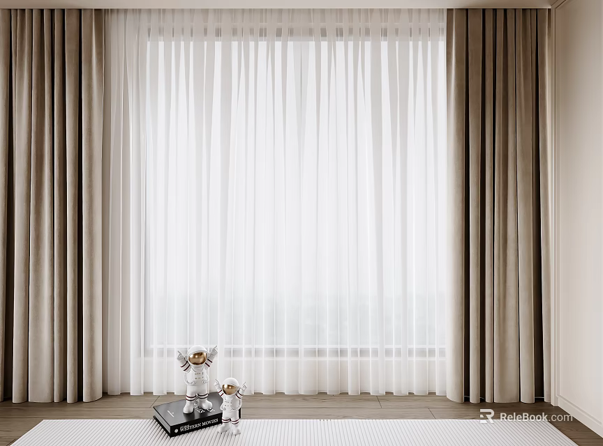 Modern Interior With Beige Curtains And White Sheer Layer For Window Decoration 3d model 