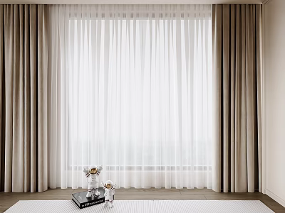 Modern Interior With Beige Curtains And White Sheer Layer For Window Decoration 3d model
